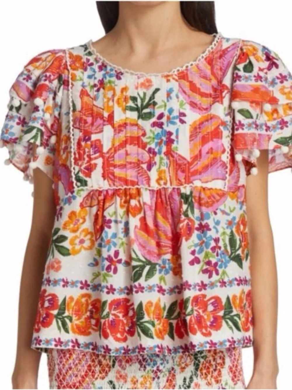 FARM RIO Spring Bananas pintuck blouse with vibrant floral print size Large - Picture 2 of 8